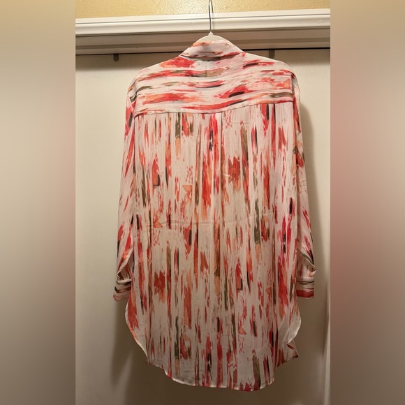 DKNY Women’s Sheer Abstract Chiffon Red and White Patterned Shirt Size L - Picture 5 of 9